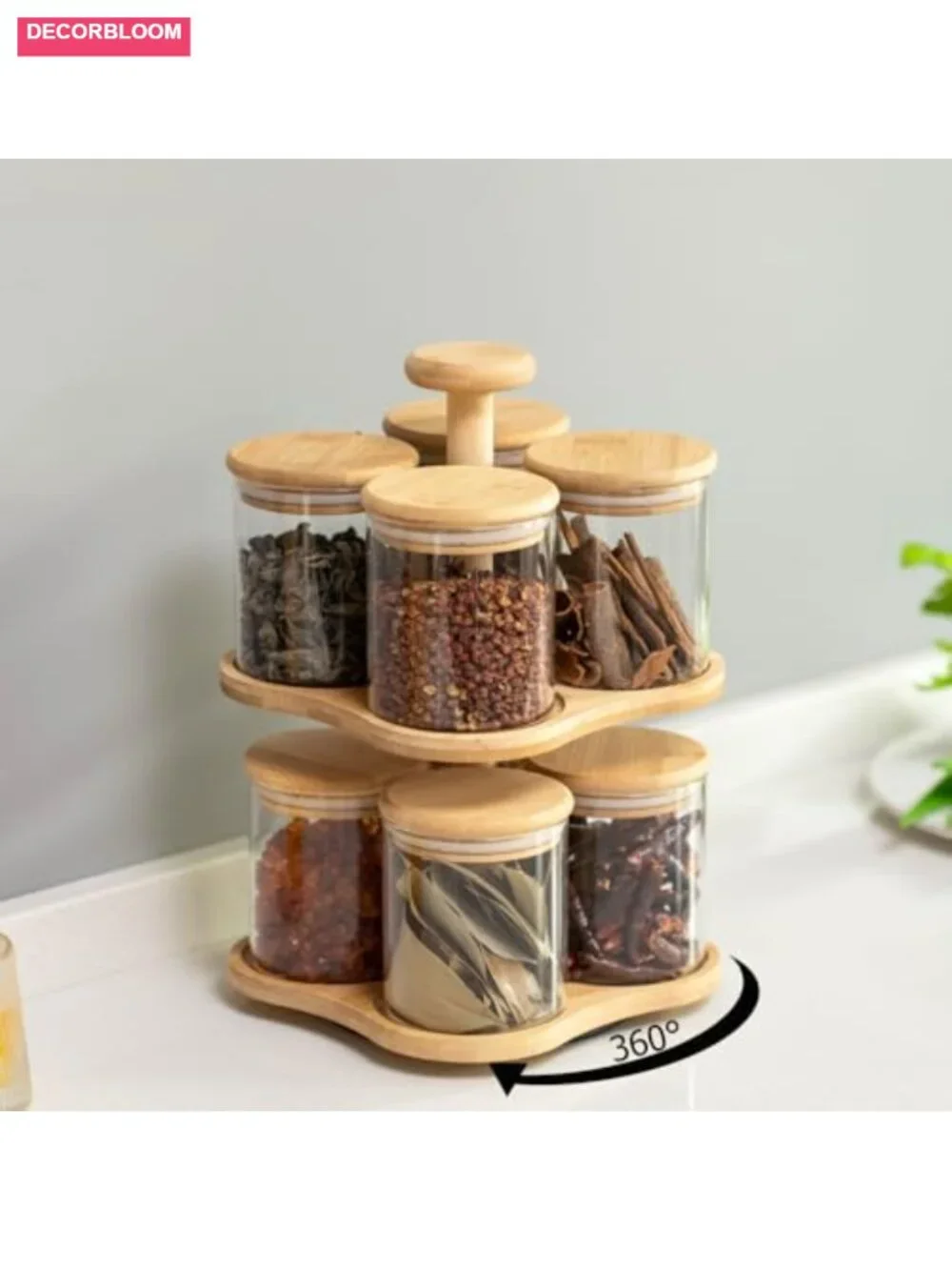 Two-Tier Bamboo Lazy Susan Turntable with 8 Airtight Glass Jars Spice Rack